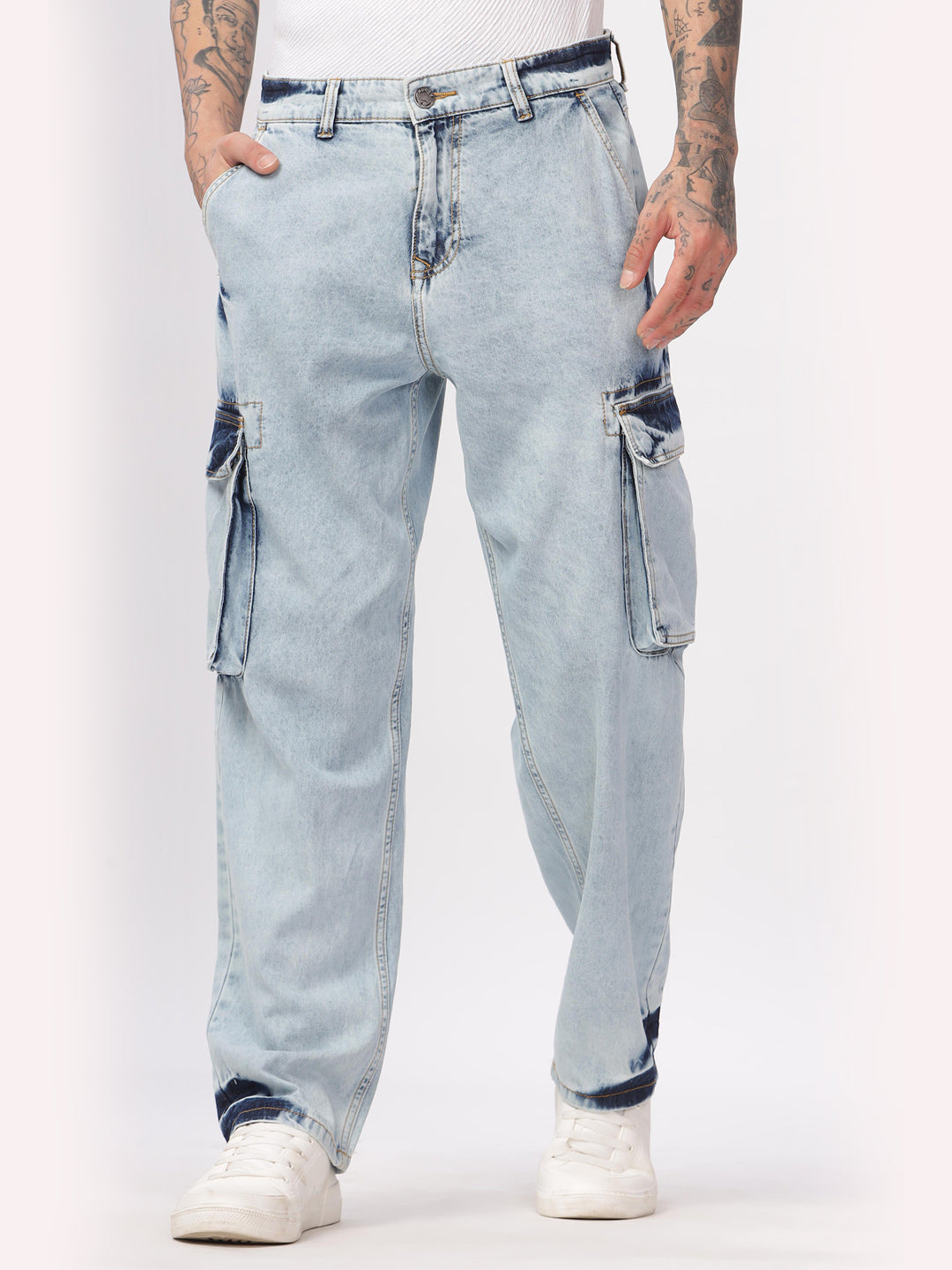 Blue Wash Loose Fit Cargo Jeans