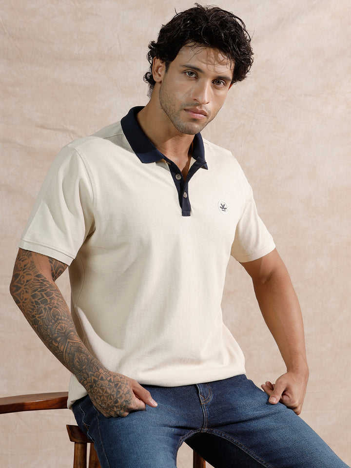 Contrast Collar Slim Fit Polo T-Shirt | Beige