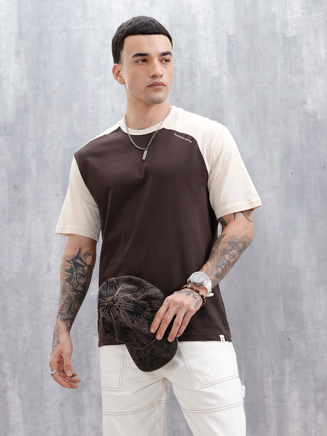 Wrogn Men's Casual Colorblocked T-Shirt  | Brown