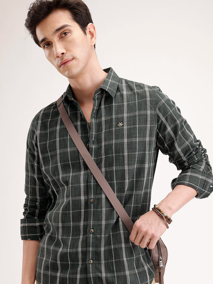 Slim Fit Checkered Linen Blend Shirt | Green