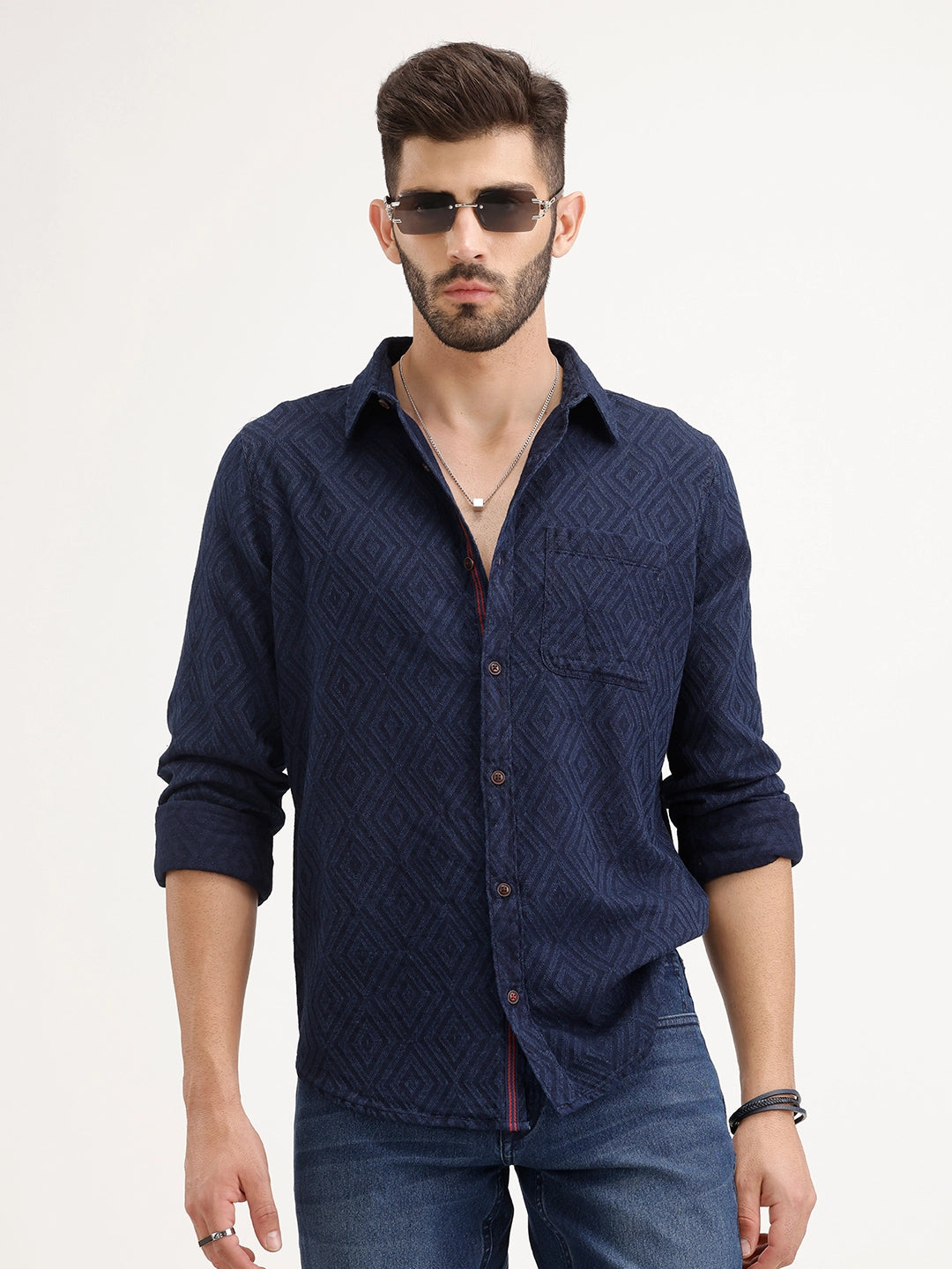 Textured Slim Fit Full Sleeve Shirt | Navy Blue