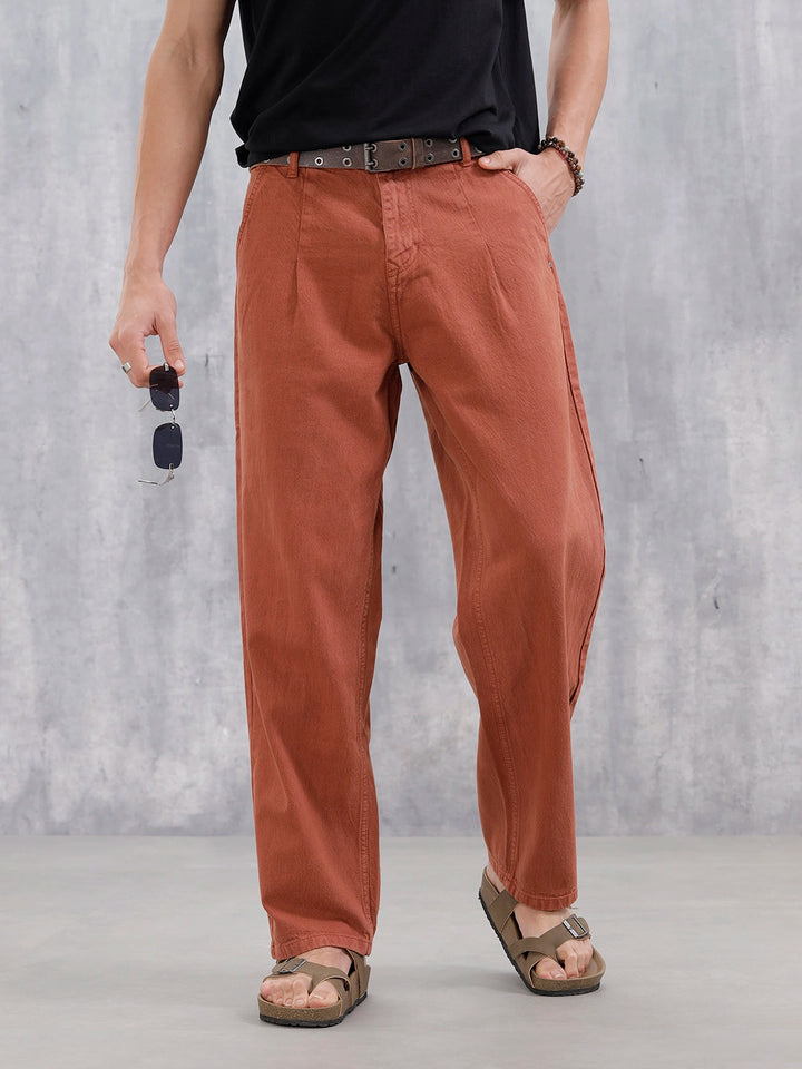Men's Causal Loose Pleated Jeans | Rust