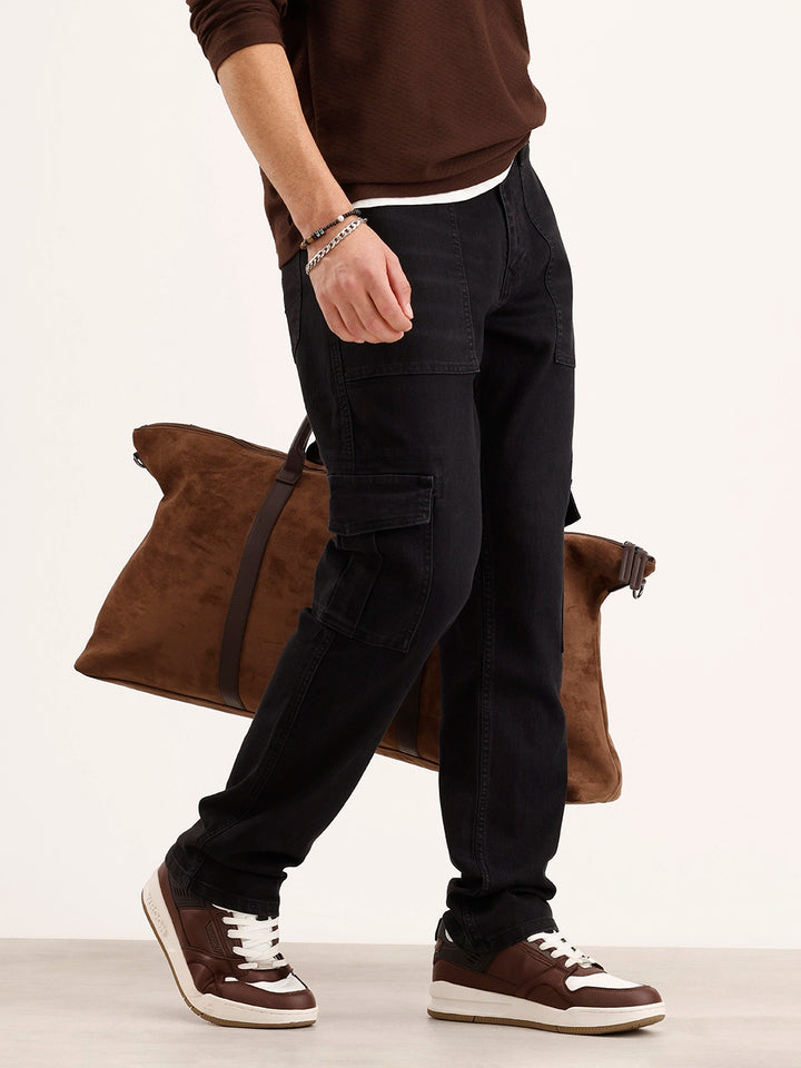 Relaxed Fit Cargo Denim Jeans | Black
