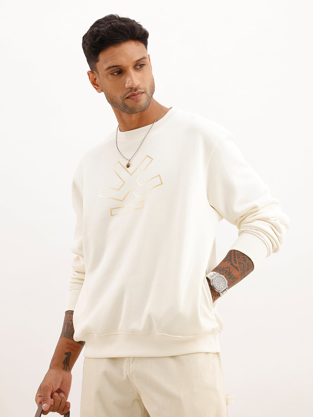 Comfort Fit Foil Printed Sweatshirt | Off White