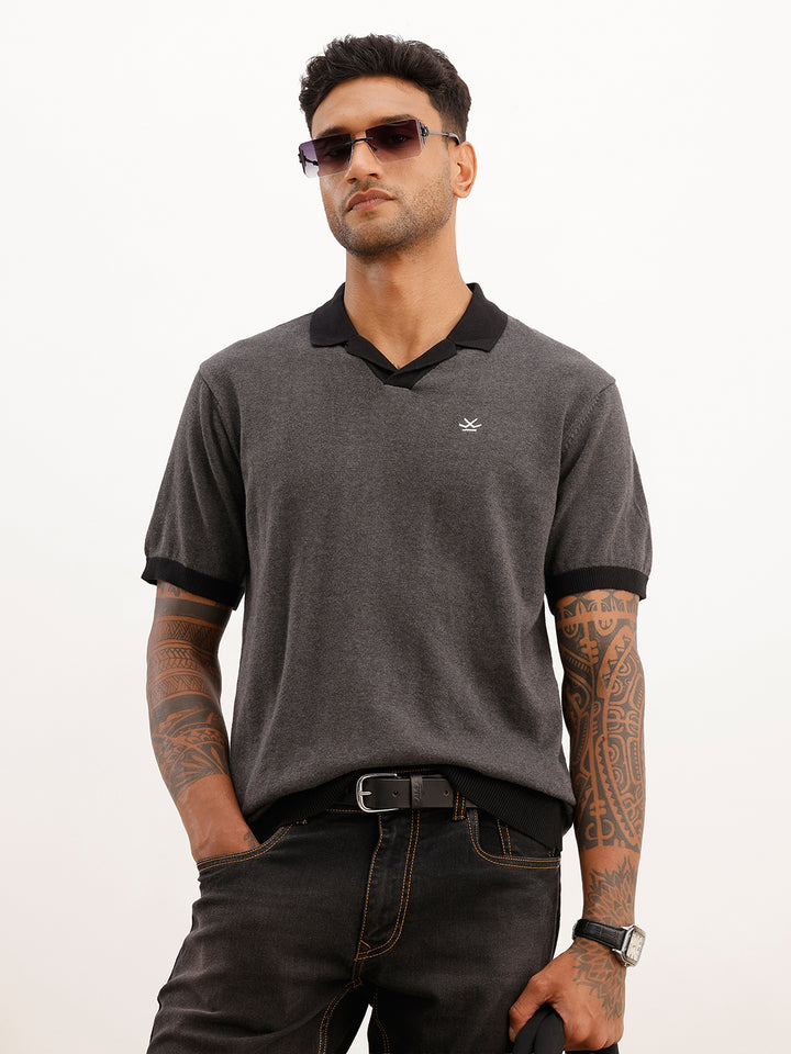 Regular Fit Flat Knit Polo T-Shirt | Grey