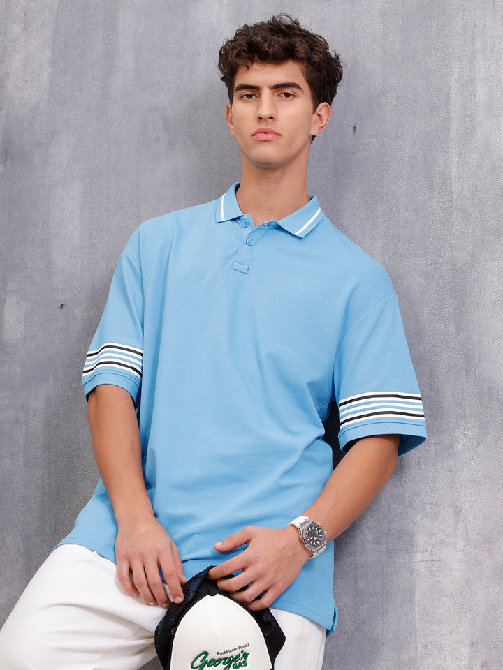 Striped Sleeve Oversized Fit Polo T-Shirt | Blue