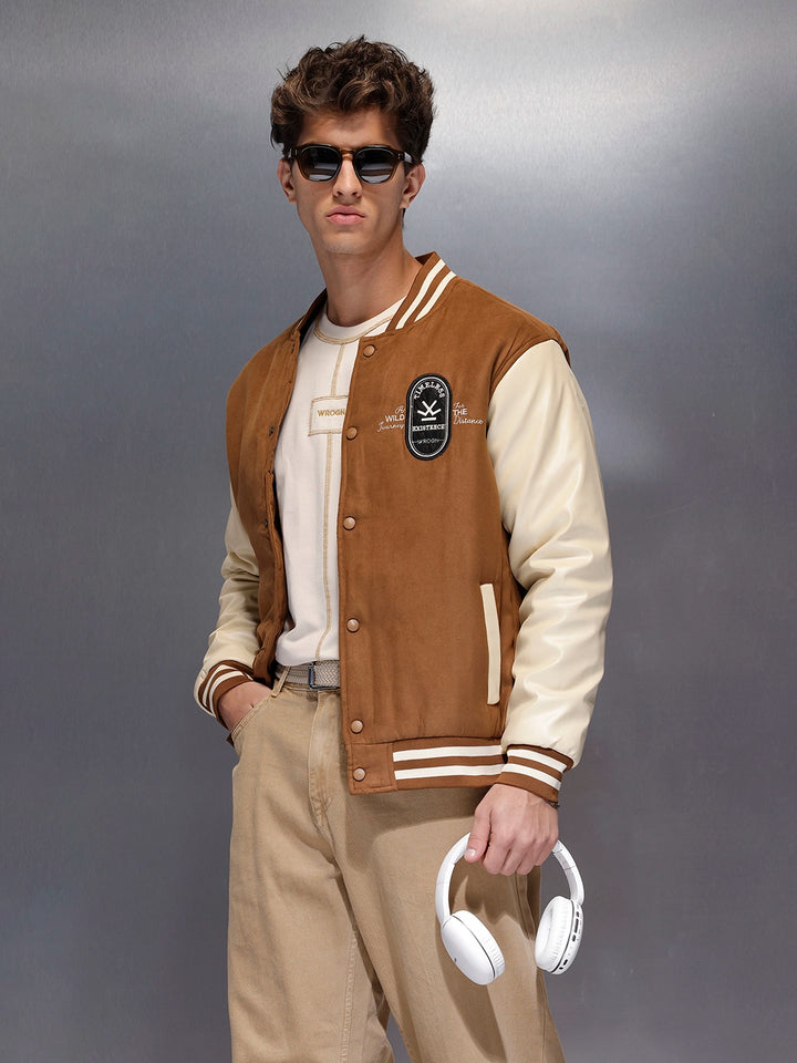 Men’s Retro Tan Suede-Look Varsity Jacket | Brown