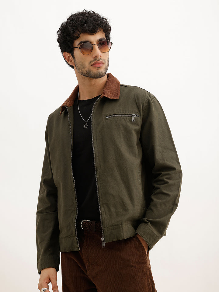 Slim Fit Contrast Collar Jacket | Olive