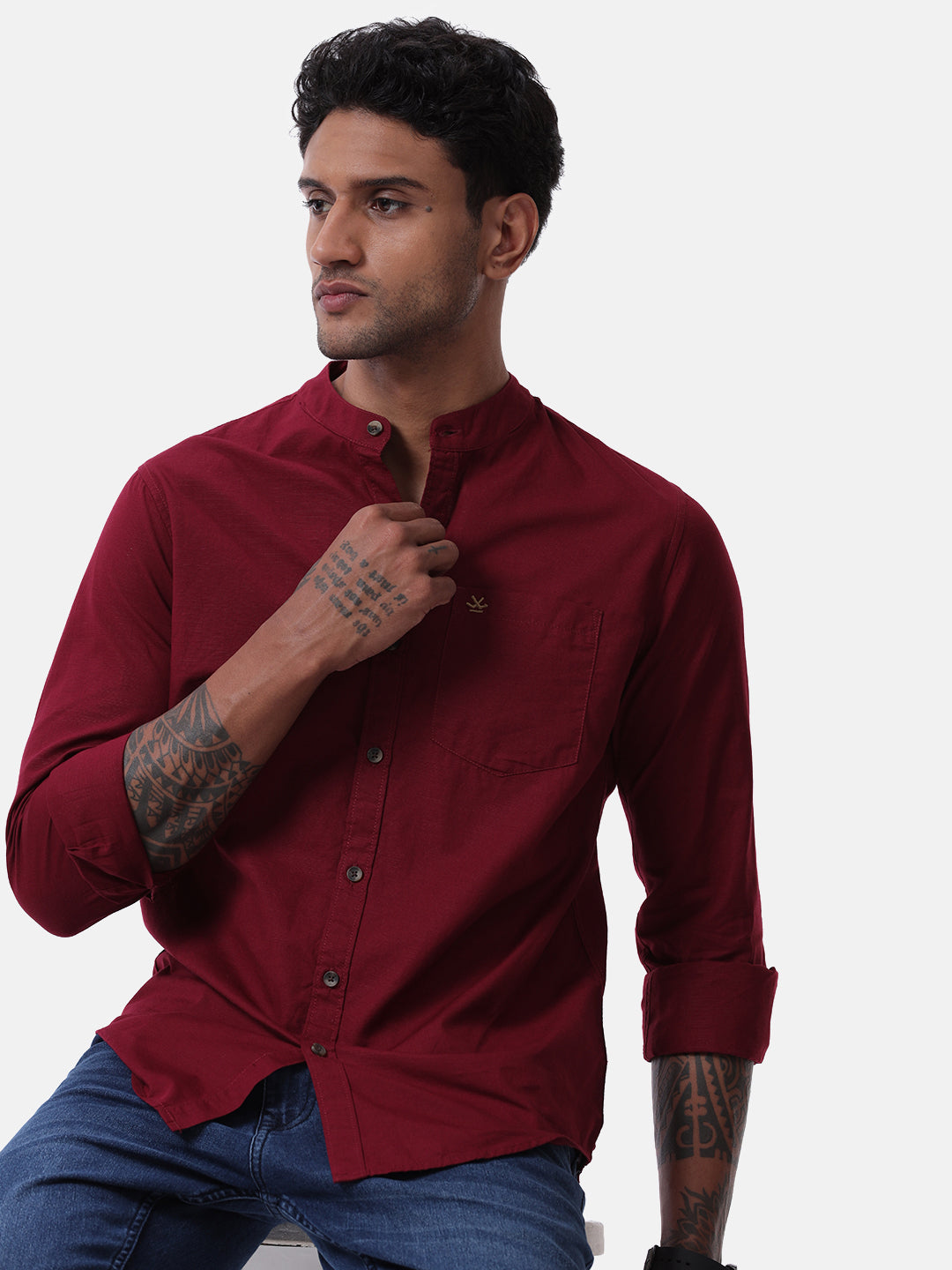 Classic Wine Mandarin Collar Shirt