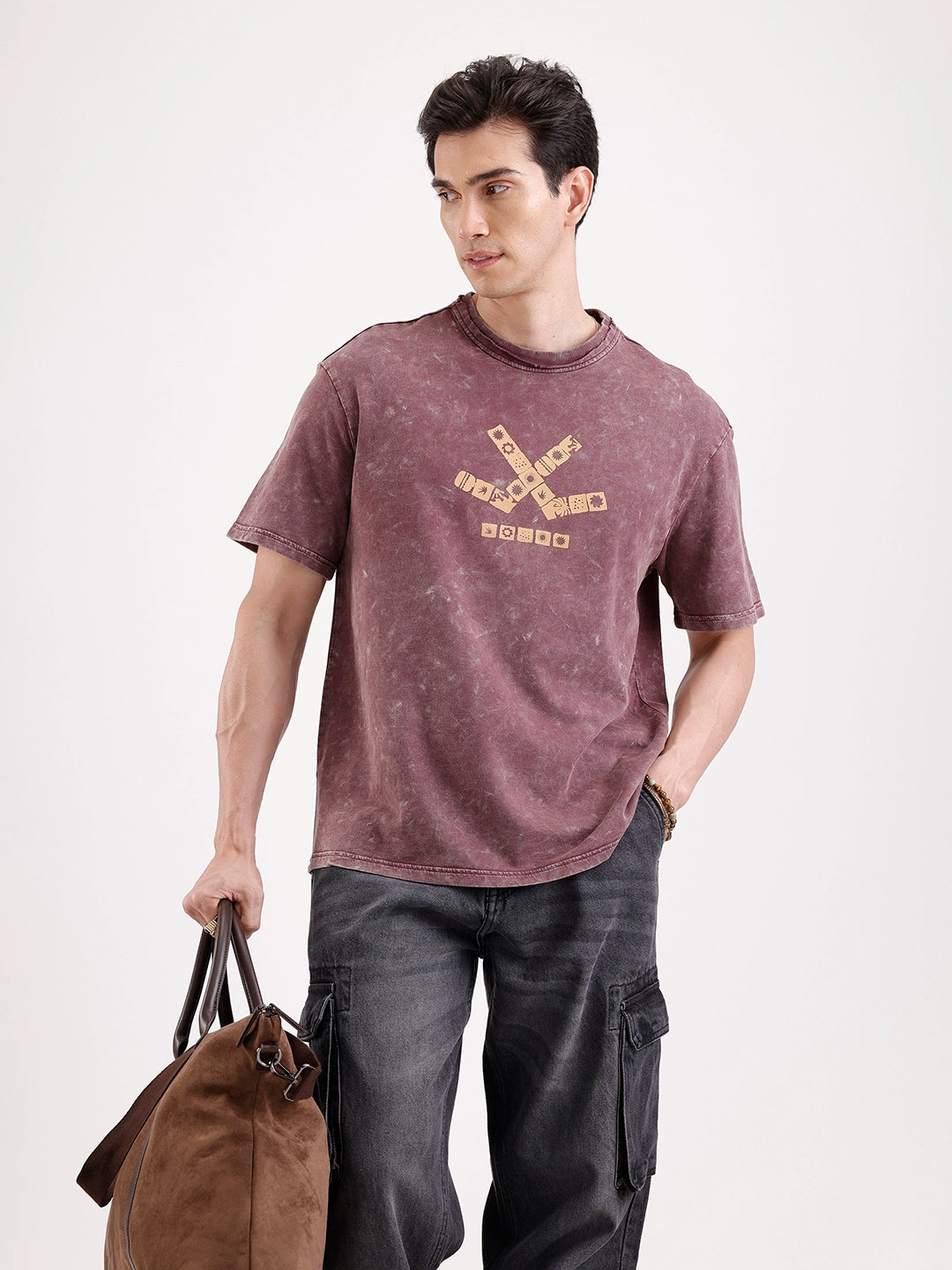 Washed Placement Printed Oversized T-Shirt   |  Maroon