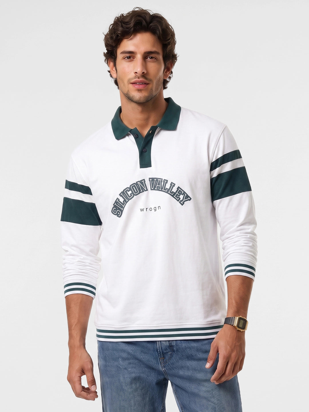 Full Sleeve Contrast Collar Polo T-Shirt | White