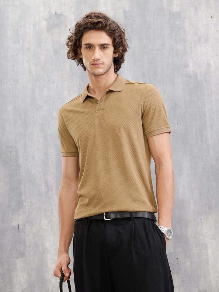 Solid Textured Slim Fit Polo T-Shirt | Brown