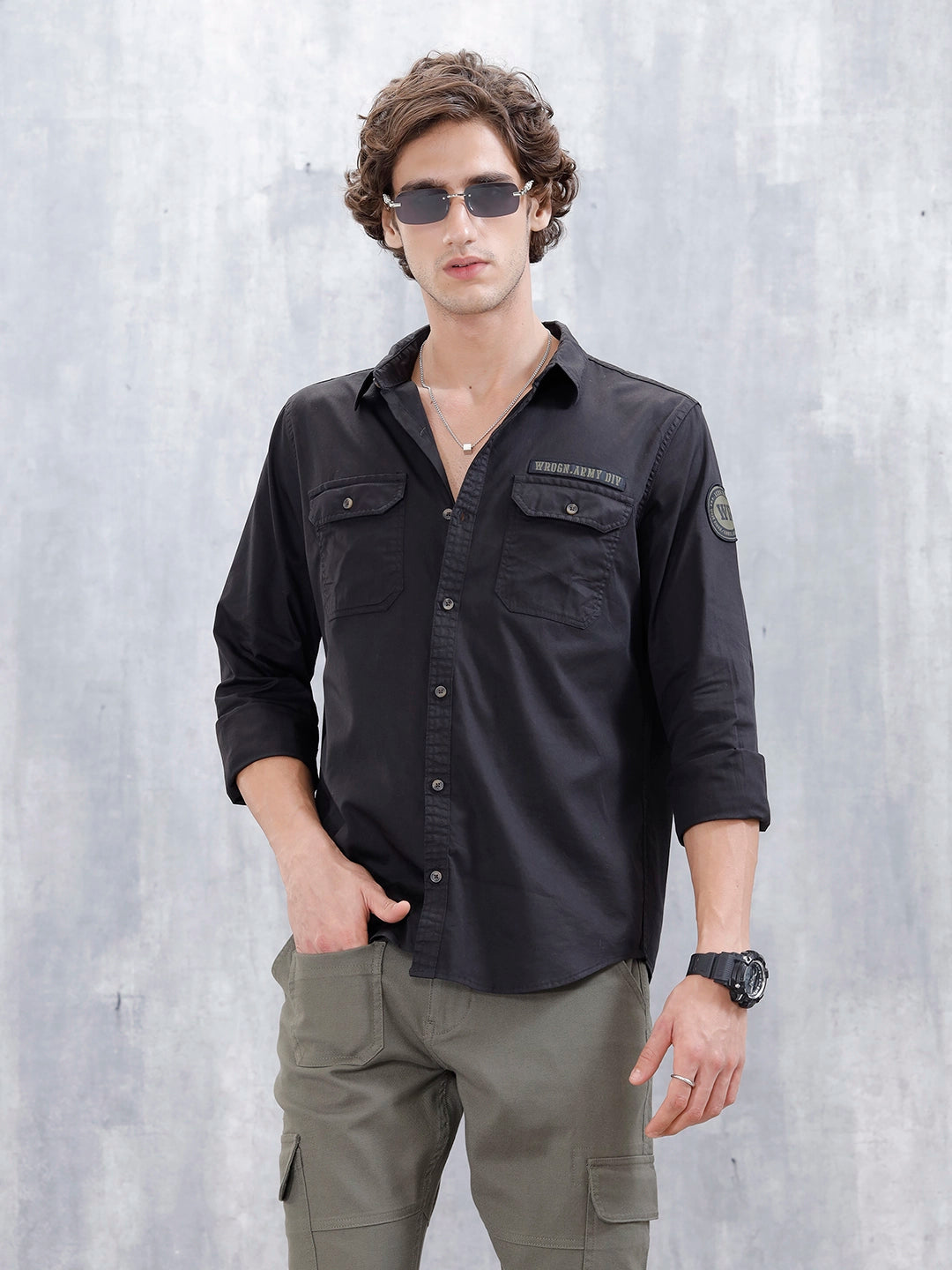 Wrogn Men's Slim Fit Double Pocket Casual Shirt | Black