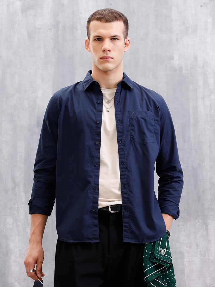 Solid Full Sleeve Regular Fit Shirt  | Navy Blue