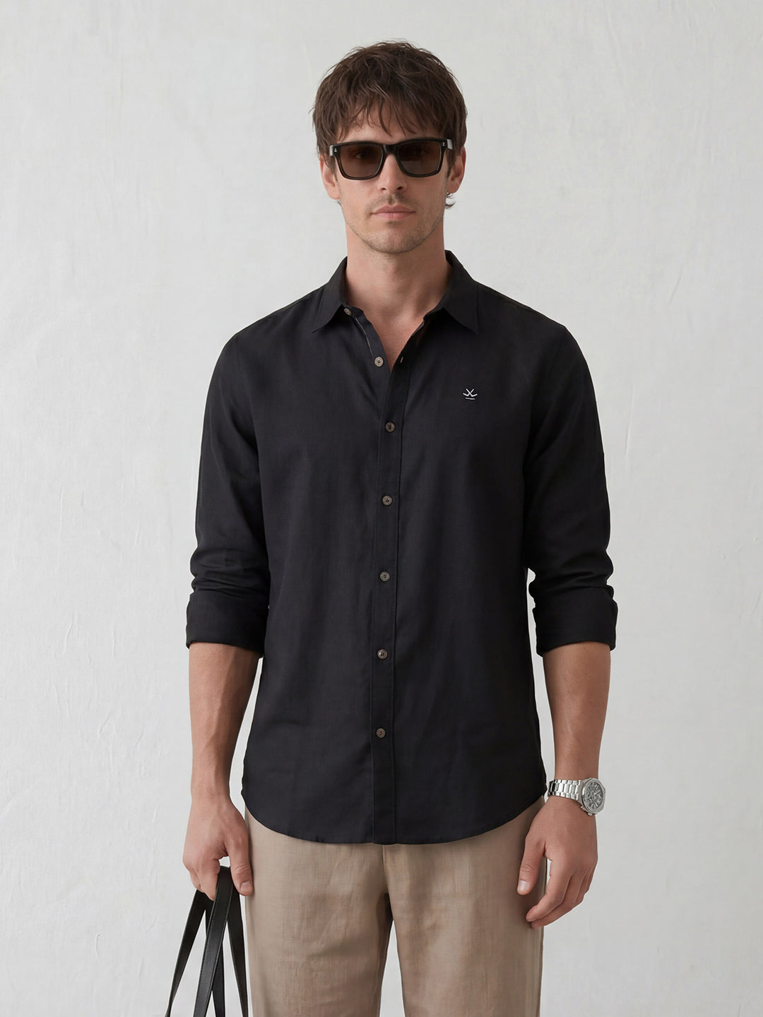 Linen Blend Slim Fit Shirt | Black