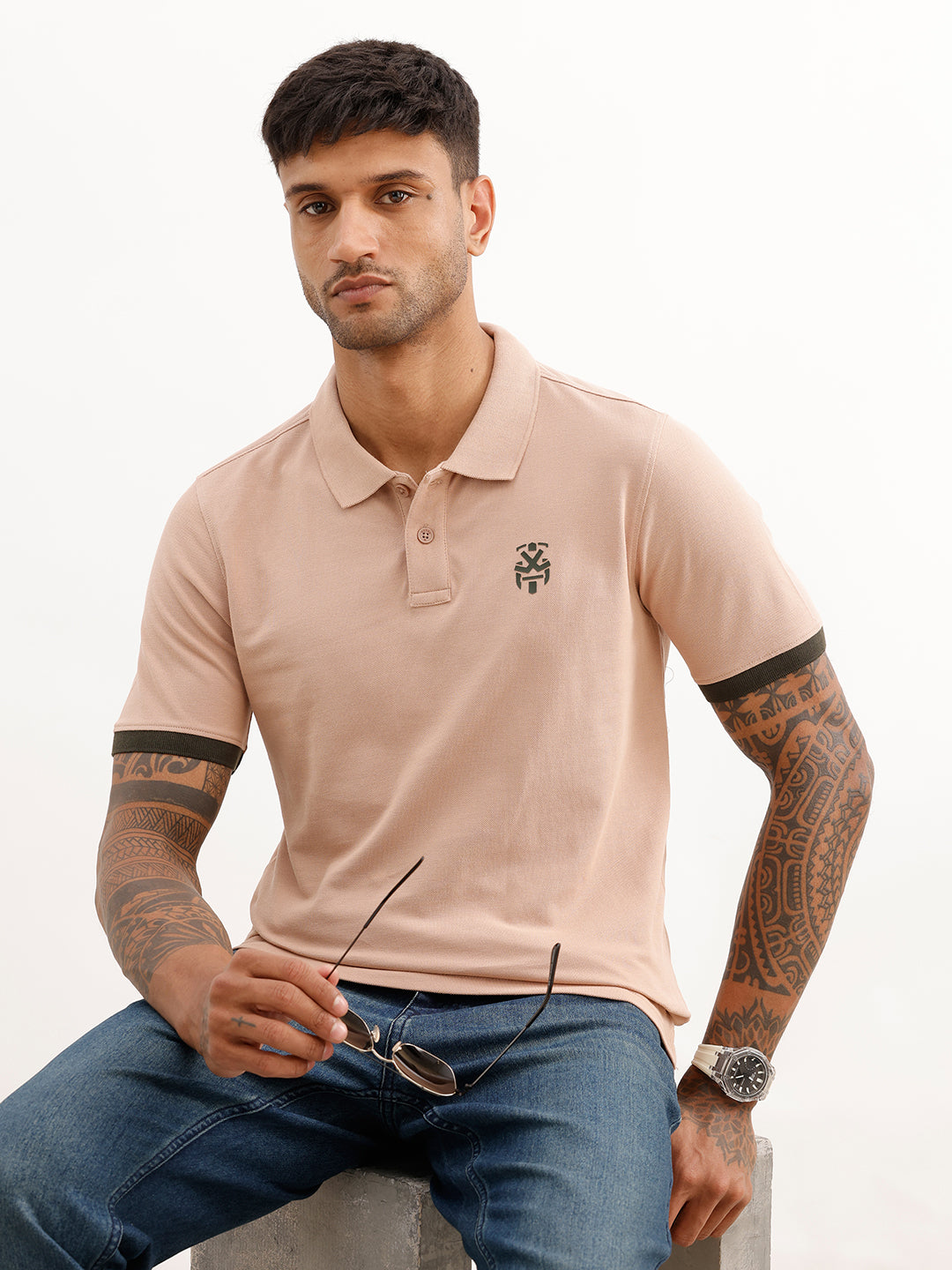 Slim Fit Contrast Sleeve Polo T-Shirt | Light Brown
