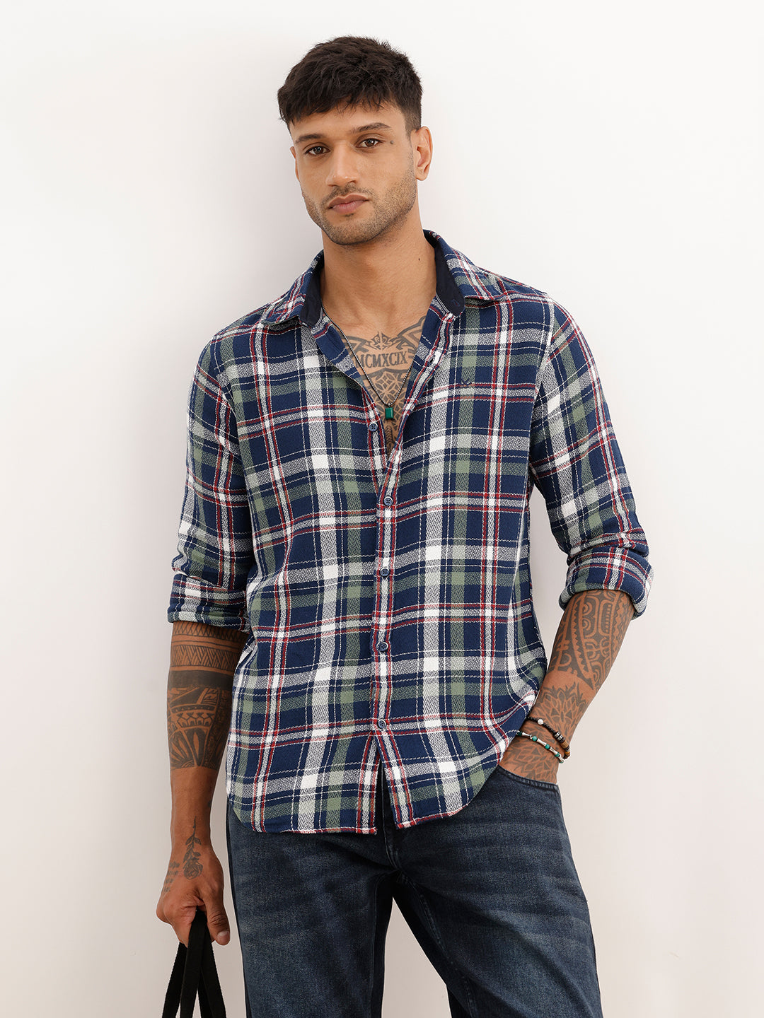 Slim Fit Checkered Full Sleeve Shirt | Navy Blue