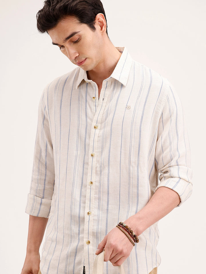Slim Fit Striped Linen Blend Shirt | Off White