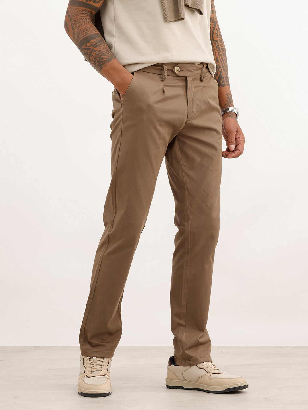 Solid Slim Fit Pleated Trouser | Olive