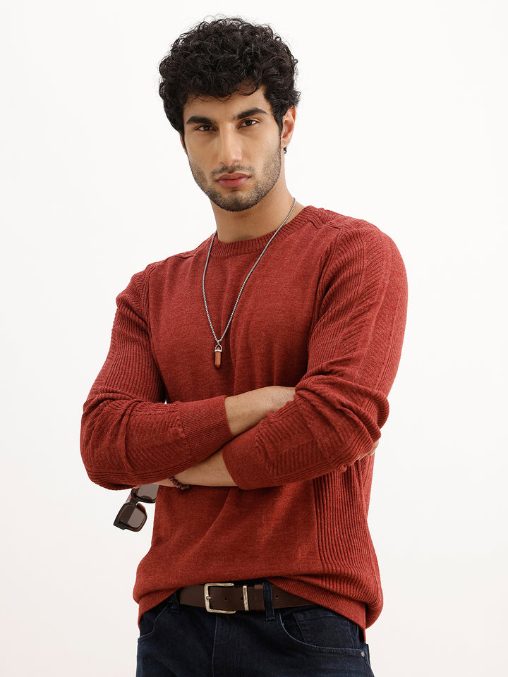 Solid Textured Regular Fit Sweater | Rust