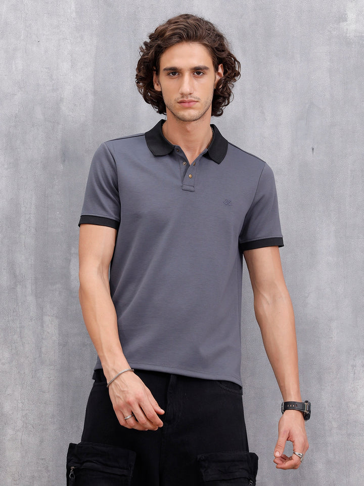 Men Slim Fit Polo Collar T-Shirt With Contrast Collar | Dark Grey
