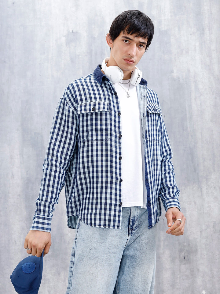 Men's Causal Oversized Fit Checkered Pattern Shirt | Blue
