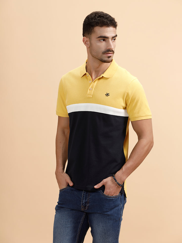 Contrast Cut & Sew Slim Fit Polo T-Shirt | Yellow & Navy