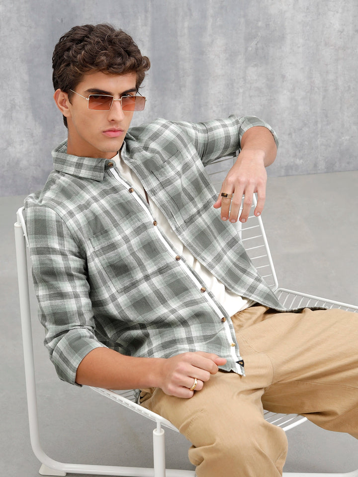 Checkered Pattern Casual Shirt For Men | Green
