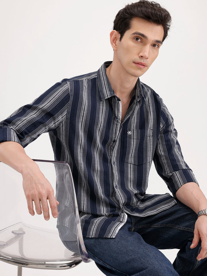 Slim Fit Textured Striped Shirt | Navy Blue