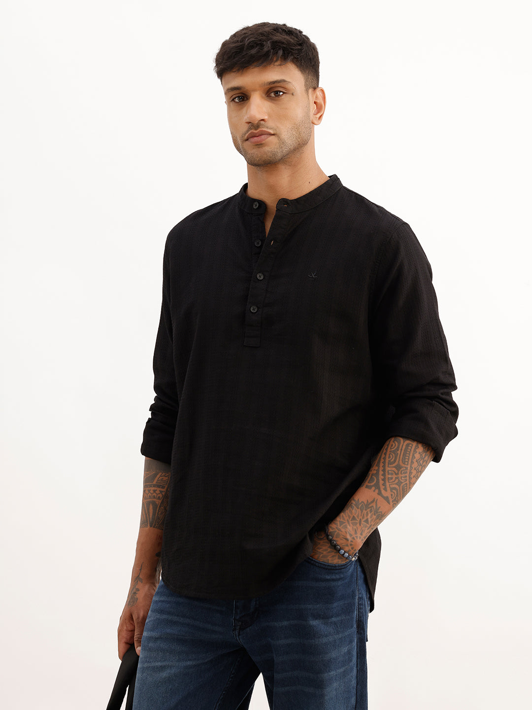 Textured Slim Fit Mandrin Collar Shirt | Black