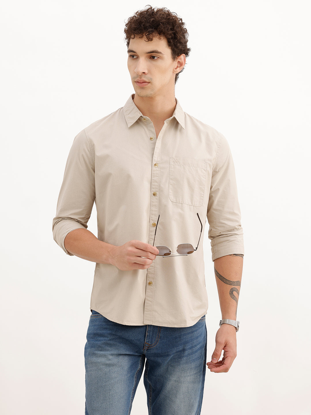 Solid Regular Fit Full Sleeve Shirt | Beige