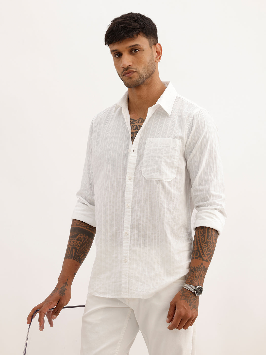 Textured Slim Fit Striped Shirt | White