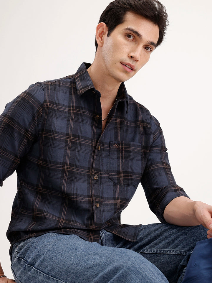 Slim Fit Checkered Shirt | Navy Blue