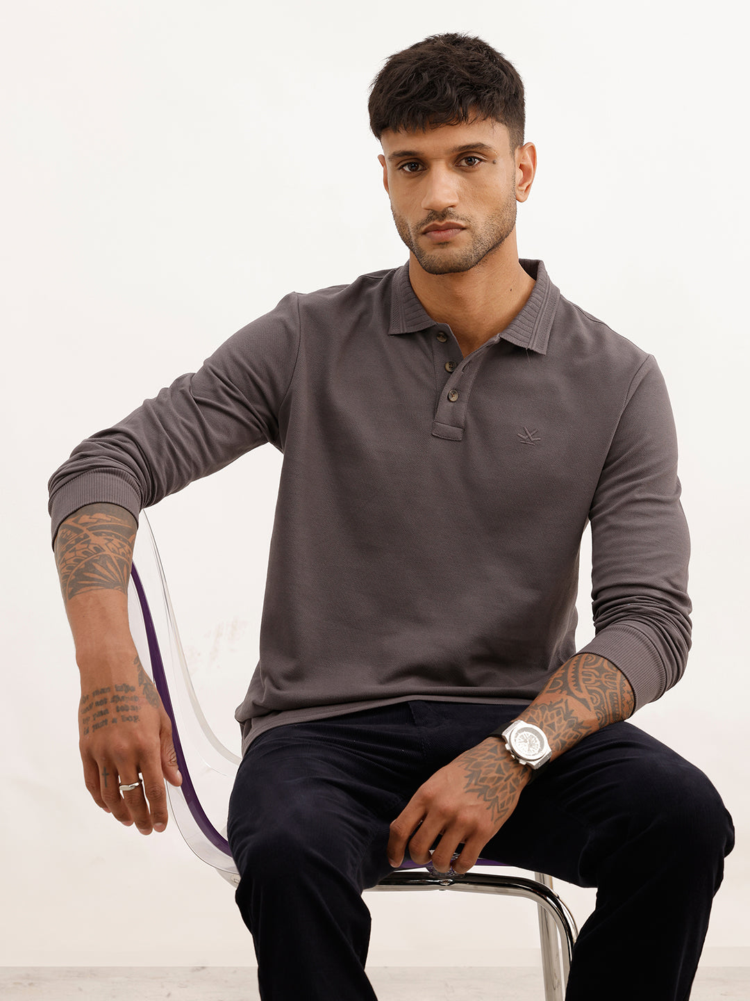 Solid Slim Fit Full Sleeve Polo T-Shirt | Dark Grey | WPT02FSSL1606S