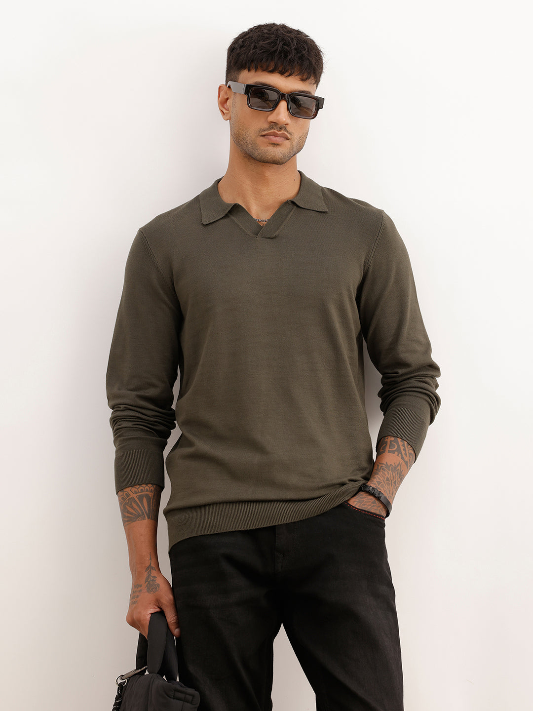 Solid Slim Fit Full Sleeve Polo T-Shirt | Olive | WPT02FSSL1628S