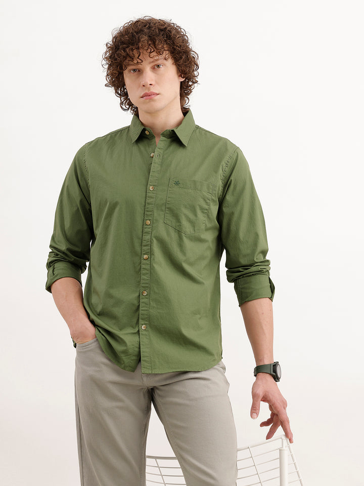 Solid Regular Fit 100% Cotton Shirt | Olive