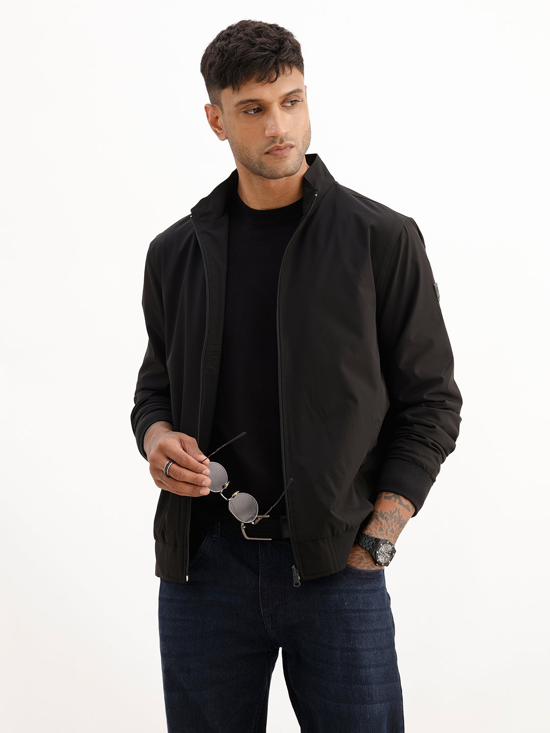 Solid Regular Fit Zipper Jacket | Black