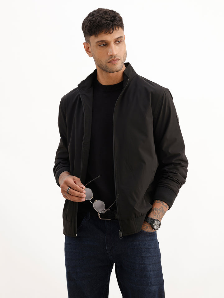 Solid Regular Fit Zipper Jacket | Black