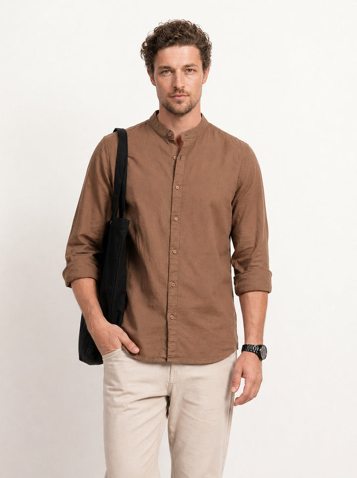 Solid Slim Fit Mandrin Collar Shirt | Brown