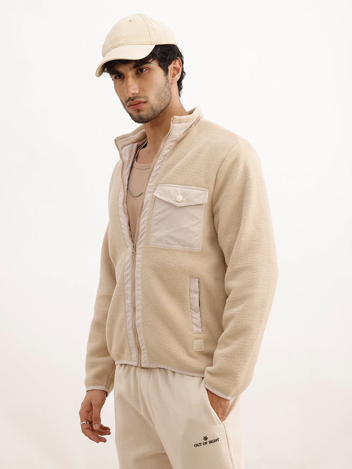 Solid Regular Fit Sherpa Jacket | Beige