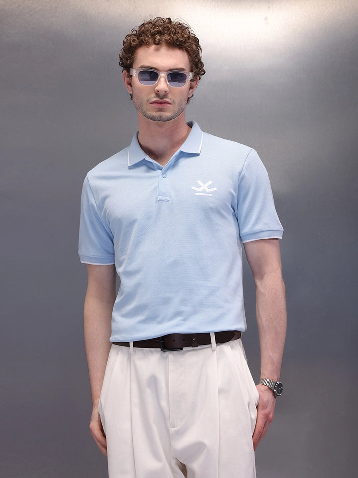 Solid Blue Logo Embroidered Polo T-Shirt