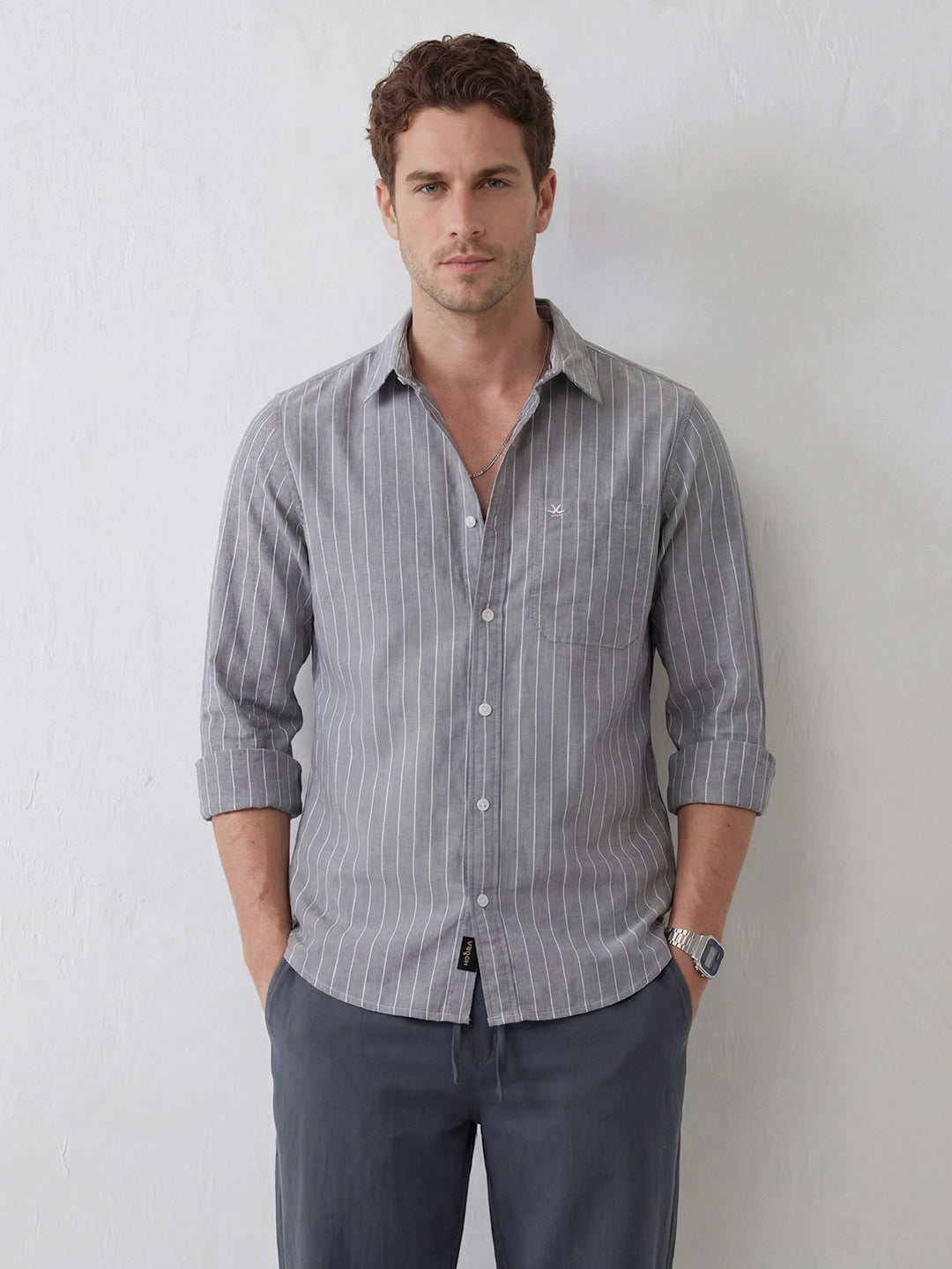 Striped Slim Fit Full Sleeves Shirt | Grey