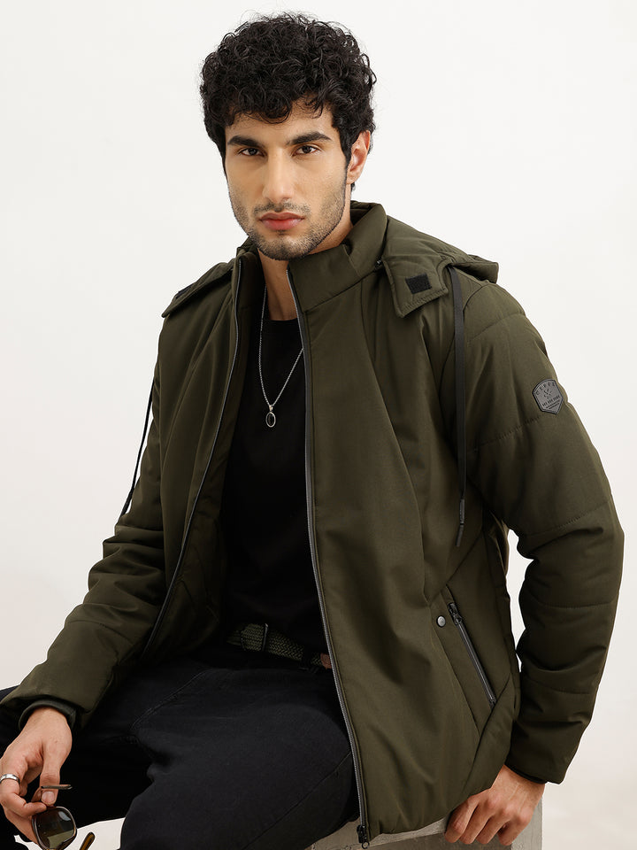 Solid Regular Fit Hooded Puffer Jacket | Olive