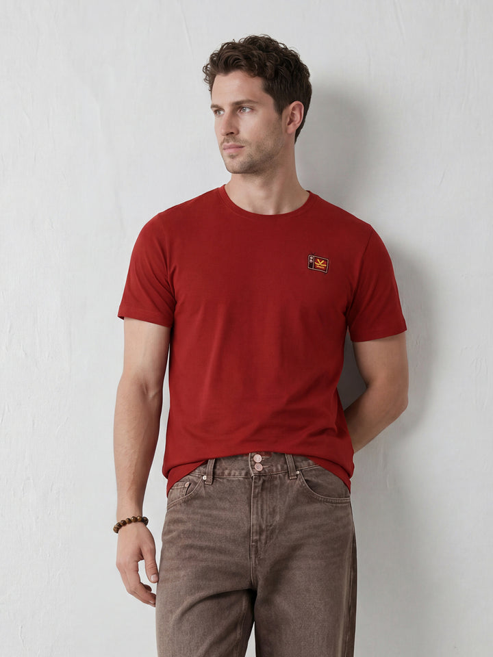 Elevated Men’s Casual Tee with Retro Graphic Embroidery | Red