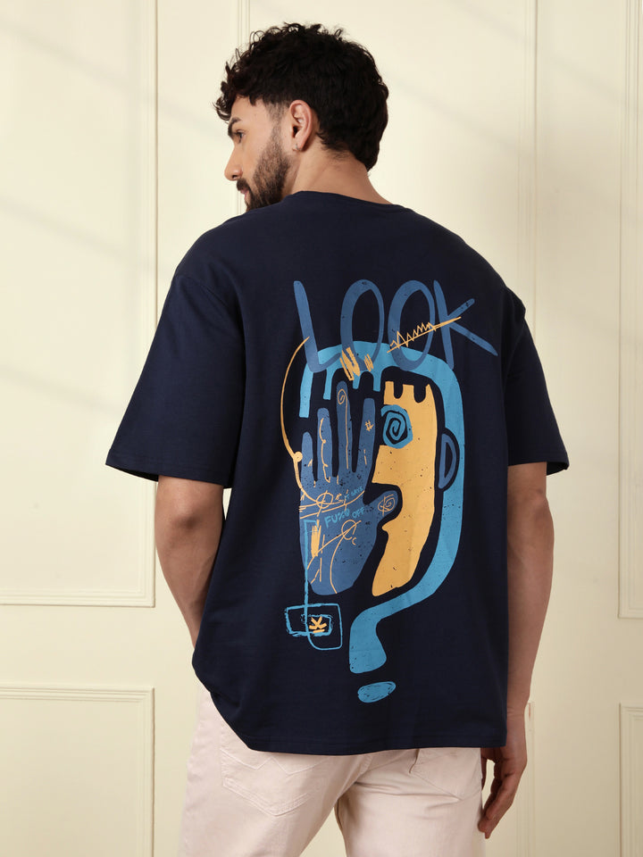 Heavy GSM Printed Faces T-Shirt | Navy Blue