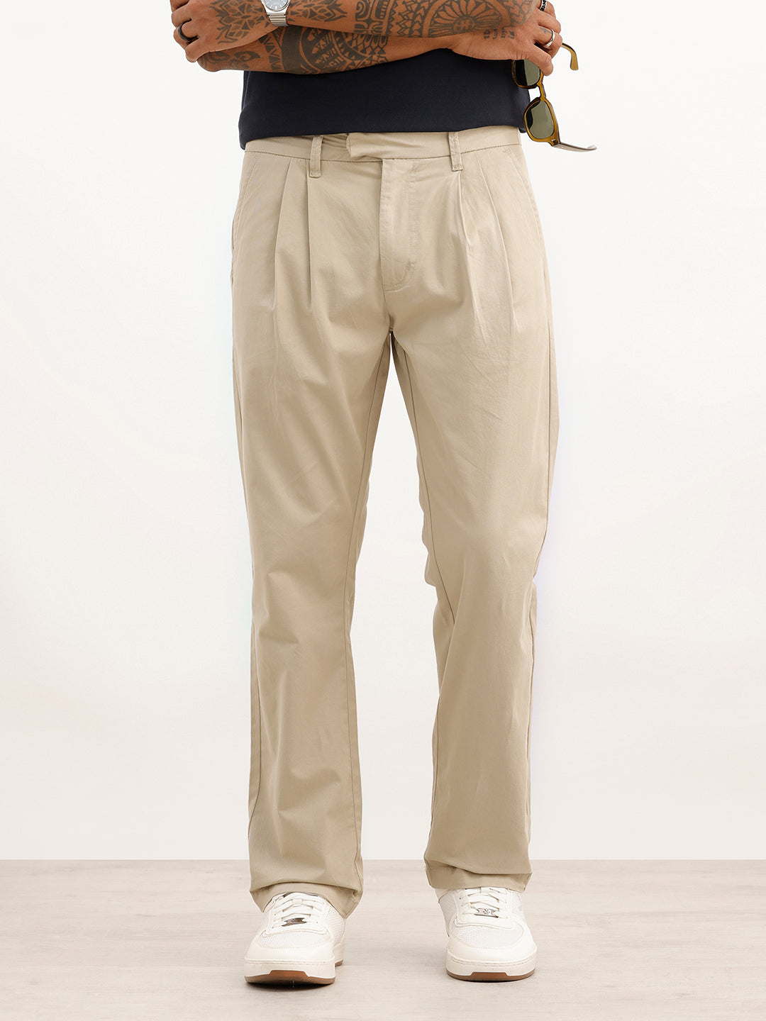 Solid Anti Fit Double Pleated Trouser | Beige