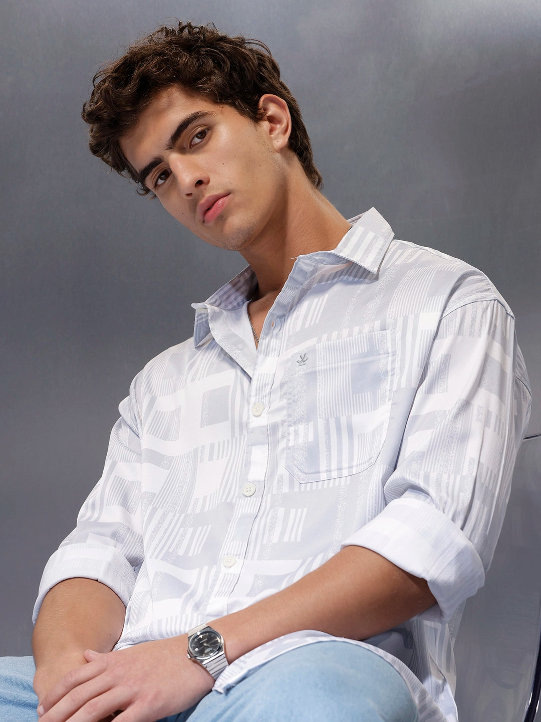 Men's Casual Oversized Abstract Printed Shirt  |  Grey
