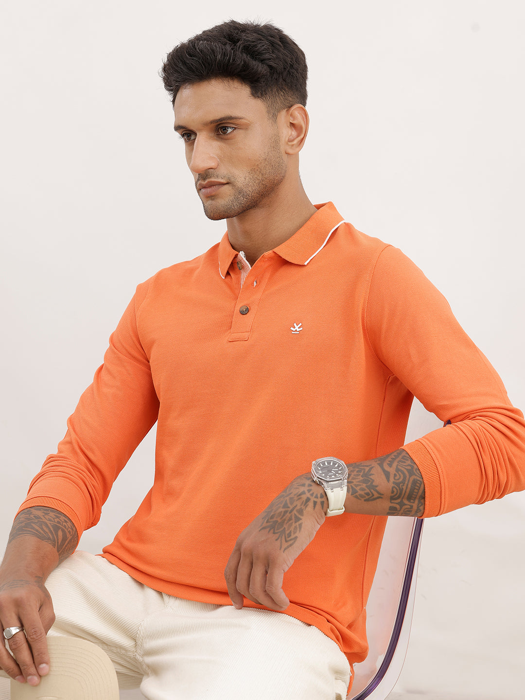 Regular Fit Tipping Collar Full Sleeve Polo T-Shirt | Orange