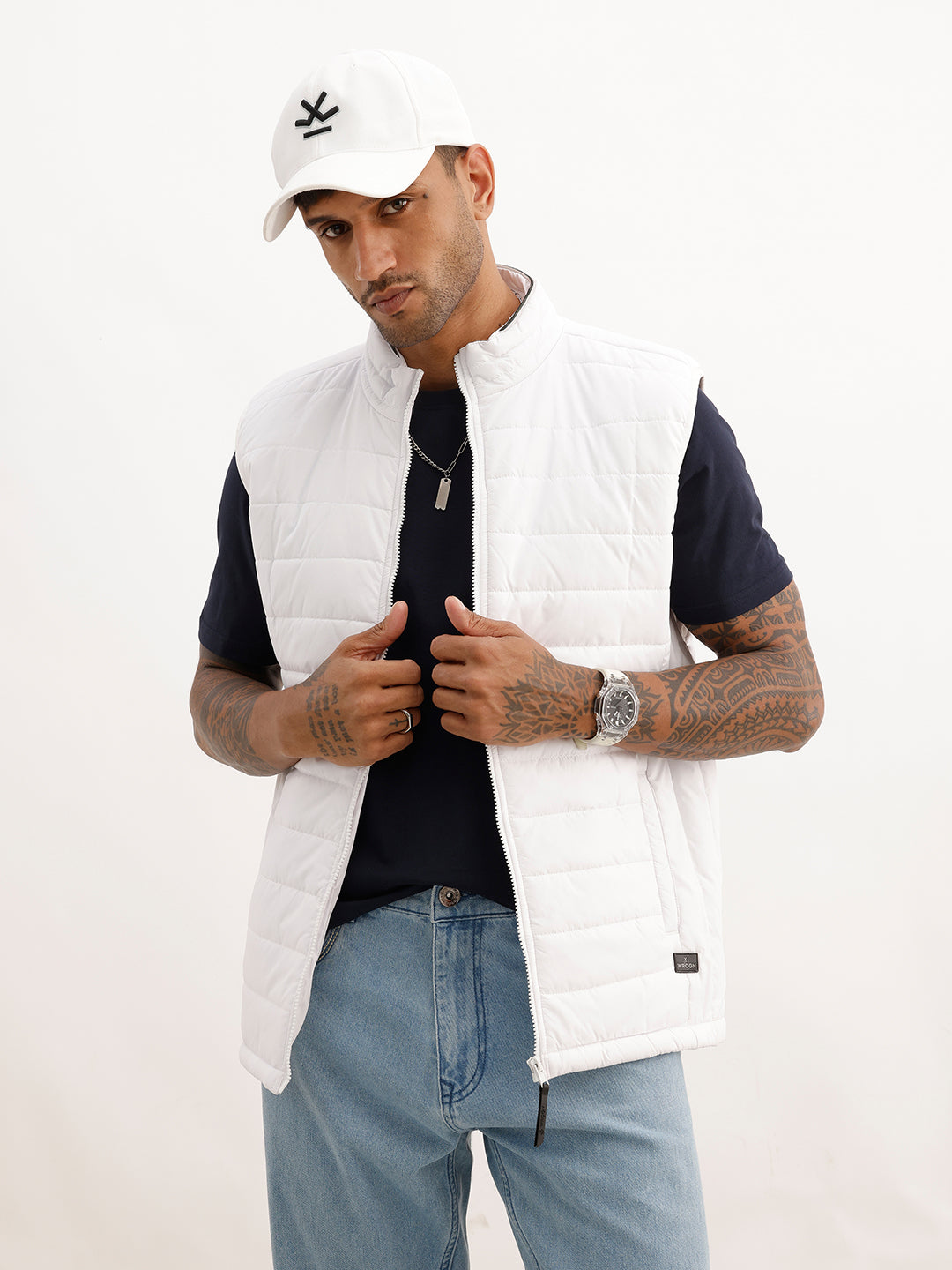 Solid Cut Off Sleeve Puffer Jacket | White