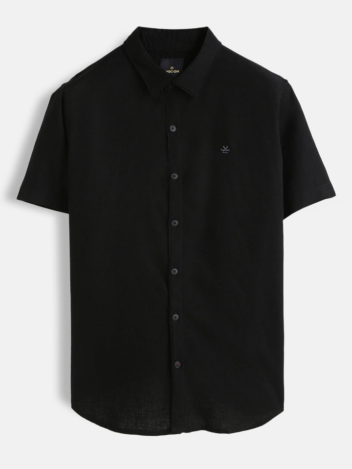 Solid Short Sleeve Linen Blend Shirt | Black